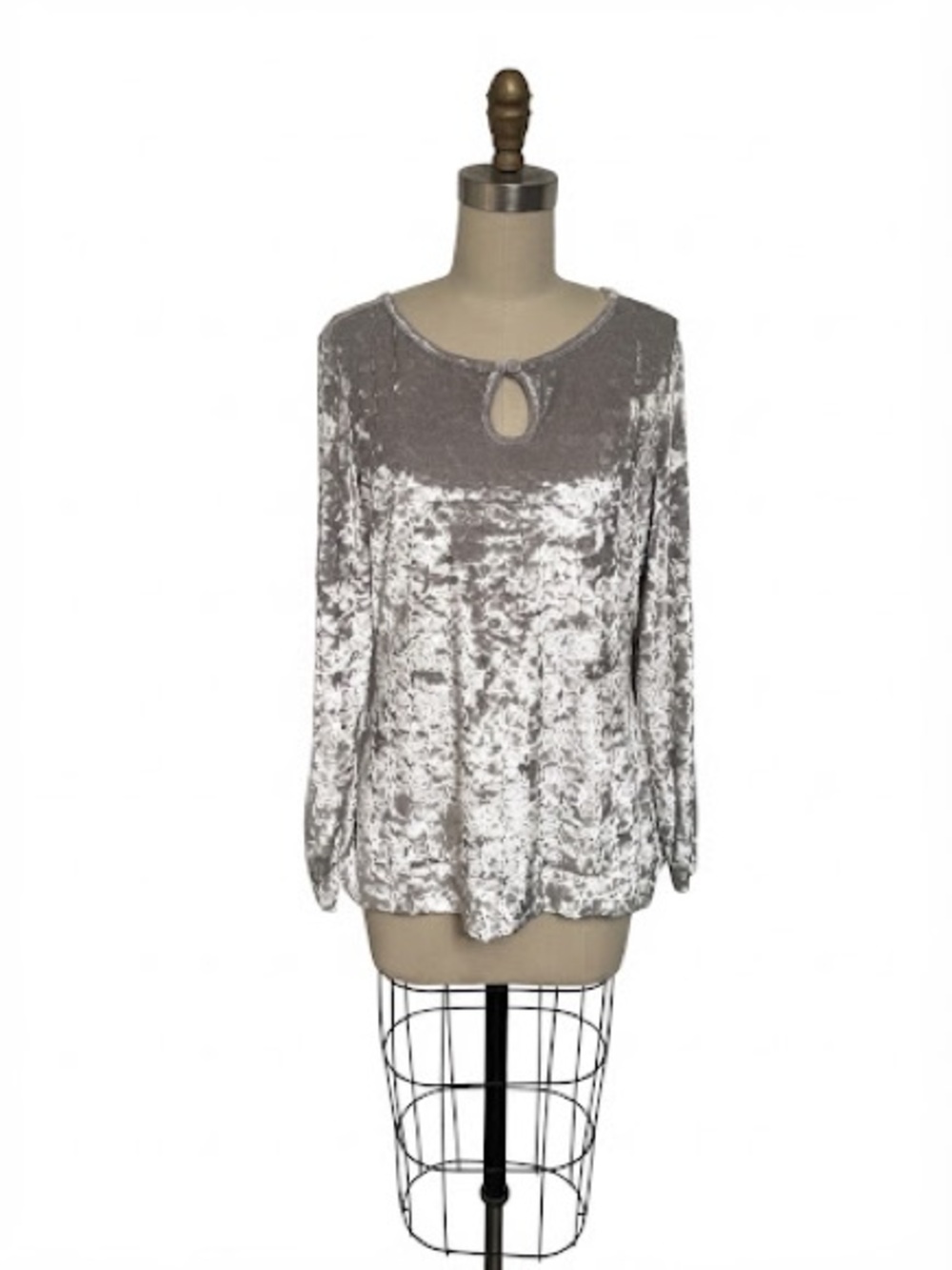 Women's Silver Crushed Velvet Keyhole Long-Sleeve Top